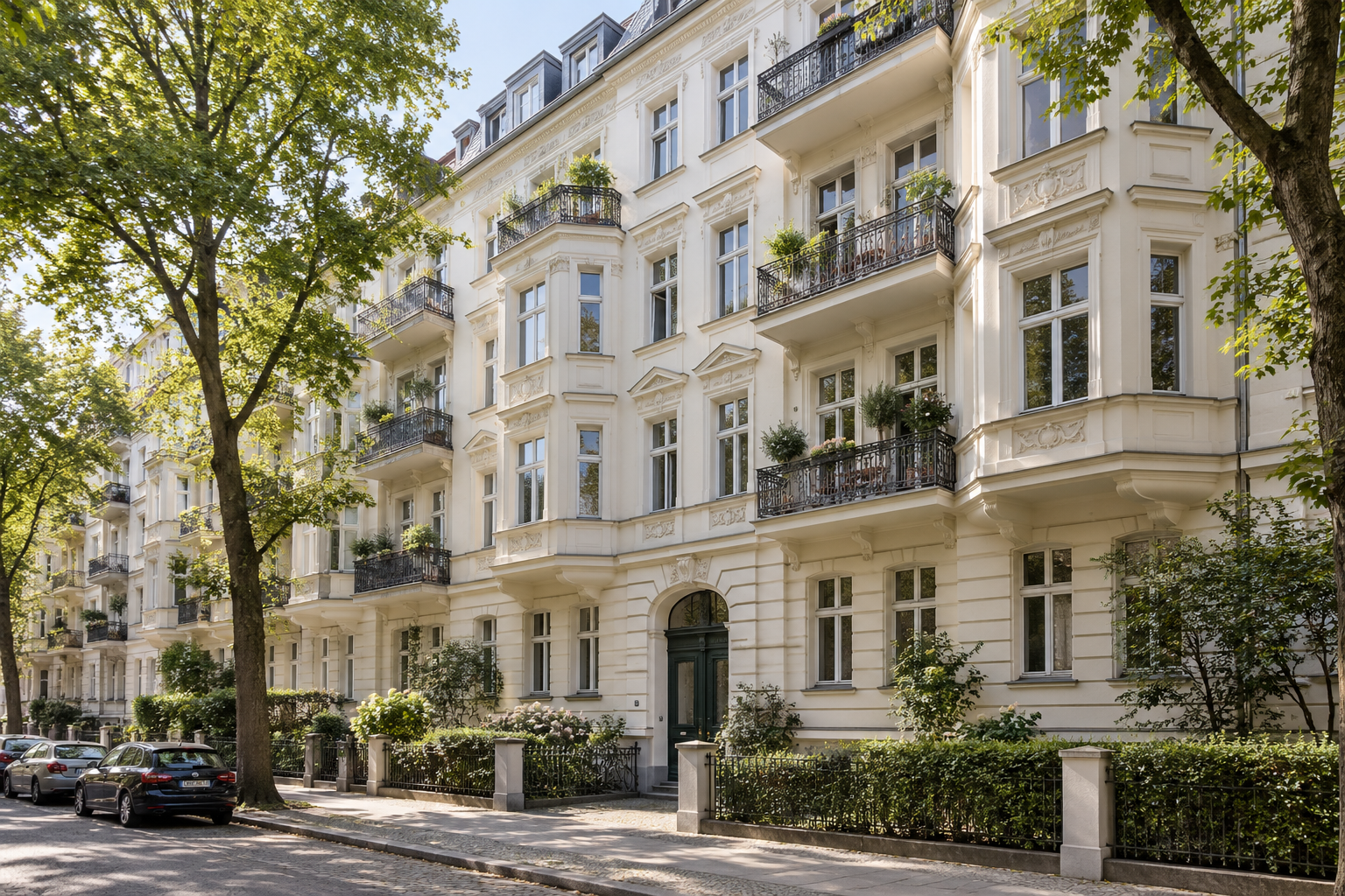 Illustrative Ansicht eines gepflegten Mehrfamilienhauses mit Balkonen