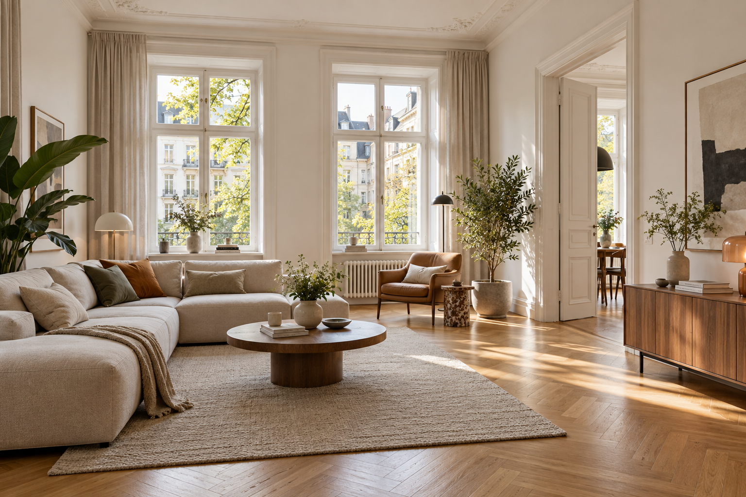 Illustratives Wohnzimmer einer hellen Altbauwohnung mit Parkett